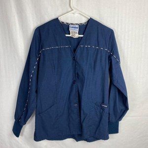 Landau Scrub Nursing Jacket Coat Blue Long Sleeve Button Down 3 Front Pocket XS